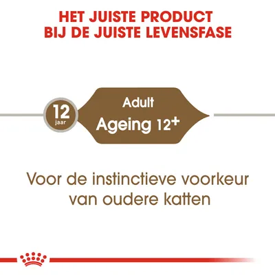 Het juiste product bij de juiste levensfase. Adult Ageing 12+. Voor de instinctieve voorkeur van oudere katten. 12 jaar.