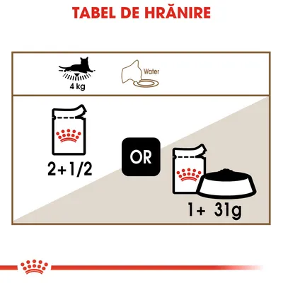 Tabel de hrănire pentru pisică de 4 kg: 2 plicuri și jumătate sau 1 plic plus 31 g hrană uscată. Include simbol apă. Text vizibil: TABEL DE HRĂNIRE, Water, OR.