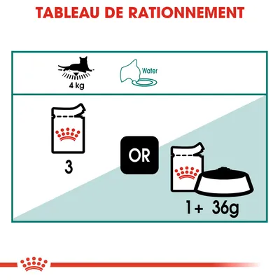 Tableau de rationnement pour chat de 4 kg : 3 sachets ou 1 sachet plus 36 g de croquettes. Eau indiquée comme nécessaire.