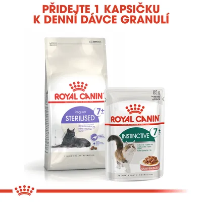 ROYAL CANIN Regular Sterilised 7+ granule a ROYAL CANIN Instinctive 7+ kapsička, text: Přidejte 1 kapsičku k denní dávce granulí