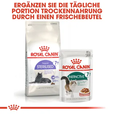 Royal Canin Sterilised 7+ Trockenfutter und Instinctive 7+ Frischebeutel. Ergänzen Sie die tägliche Portion Trockenfutter durch einen Frischebeutel. Für Katzen ab 7 Jahren.