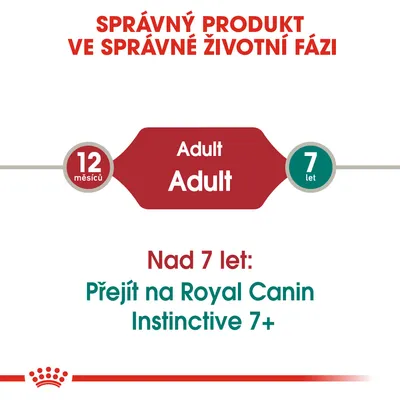 Správný produkt ve správné životní fázi: Adult 12 měsíců–7 let. Nad 7 let: Přejít na Royal Canin Instinctive 7+.