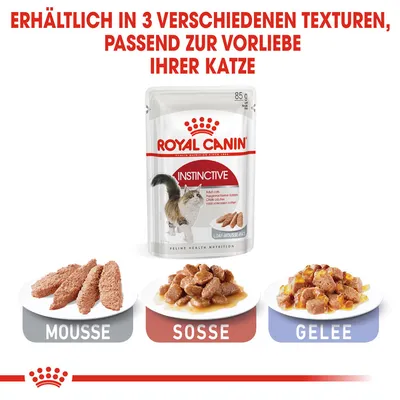 Royal Canin Instinctive Katzenfutter, erhältlich in drei Texturen: Mousse, Sosse und Gelee. Verpackung zeigt Produkt für ausgewachsene Katzen, 85g.