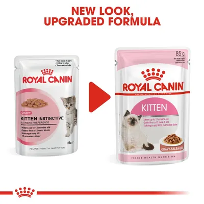 Royal Canin Kitten - märkäruoan pakkausmuutos: vasemmalla vanha Kitten Instinctive, oikealla uusi Kitten Gravy. Molemmissa näkyy kissanpentu ja annosruoka, paino 85 g.
