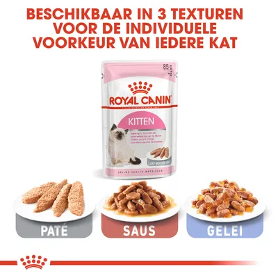 Royal Canin Kitten natvoer, 85 g. Beschikbaar in 3 texturen: paté, saus en gelei. Tekst: 'Beschikbaar in 3 texturen voor de individuele voorkeur van iedere kat'.