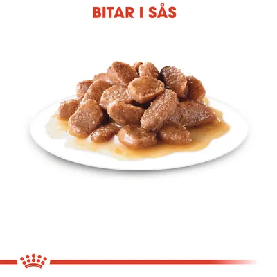 Bitar i sås på vit tallrik, texten 'BITAR I SÅS' synlig ovanför produkten. Bilden visar konsistens och portionsstorlek.