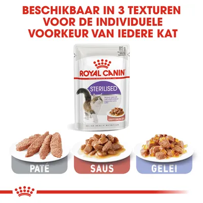 Royal Canin Sterilised kattenvoer 85 g, verkrijgbaar in drie texturen: paté, saus en gelei. Tekst: Beschikbaar in 3 texturen voor de individuele voorkeur van iedere kat.
