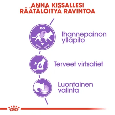 Anna kissallesi räätälöityä ravintoa. Ihannepainon ylläpito, terveet virtsatiet, luontainen valinta. Kolme violettia kuvaketta kissoista ja teksteistä.