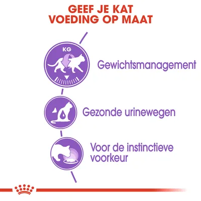 Geef je kat voeding op maat: gewichtsmanagement, gezonde urinewegen, voor de instinctieve voorkeur. Drie paarse iconen met katten en bijbehorende tekst.
