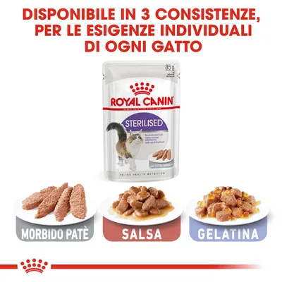 Royal Canin Sterilised disponibile in 3 consistenze: morbido patè, salsa, gelatina. Testo: Disponibile in 3 consistenze, per le esigenze individuali di ogni gatto.