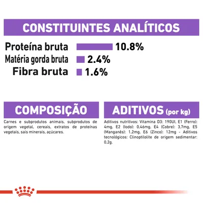 Constituintes analíticos: proteína bruta 10,8 %, matéria gorda bruta 2,4 %, fibra bruta 1,6 %. Composição: carnes, subprodutos animais e vegetais, cereais, sais minerais, açúcares. Aditivos detalhados.