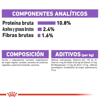 Componentes analíticos: proteína bruta 10.8 %, aceites y grasas brutos 2.4 %, fibras brutas 1.6 %. Composición y aditivos nutricionales y tecnológicos detallados por kg.