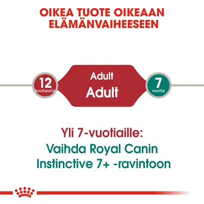 Oikea tuote oikeaan elämänvaiheeseen: Adult 12 kuukautta – 7 vuotta. Yli 7-vuotiaille: Vaihda Royal Canin Instinctive 7+ -ravintoon.