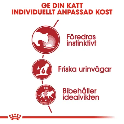 Ge din katt individuellt anpassad kost. Föredras instinktivt, friska urinvägar, bibehåller idealvikten. Tre ikoner med kattmotiv och text på svenska.