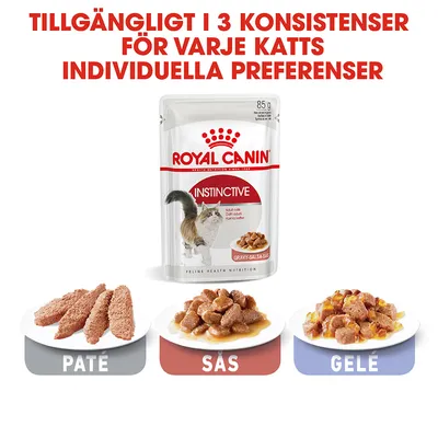 Royal Canin Instinctive våtfoder för katt, 85 g. Finns i tre konsistenser: paté, sås och gelé. Text: Tillgängligt i 3 konsistenser för varje katts individuella preferenser.