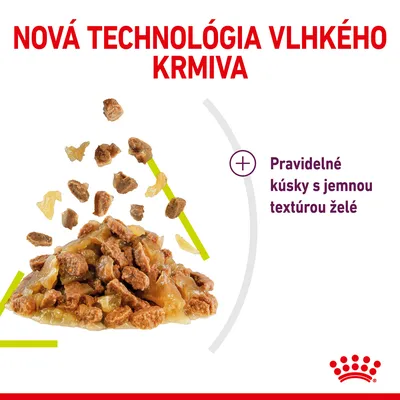 Nová technológia vlhkého krmiva. Pravidelné kúsky s jemnou textúrou želé. Zobrazené kúsky krmiva v želé.