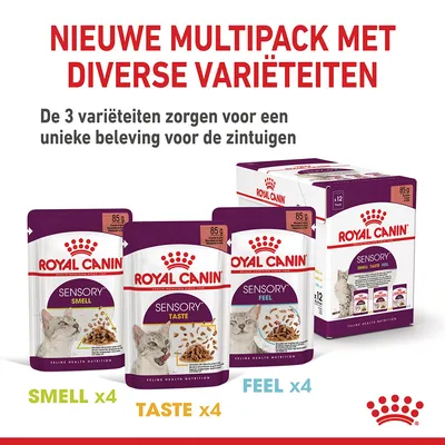 Royal Canin Sensory multipack kattenvoer, 12 x 85 g: 4x Smell, 4x Taste, 4x Feel. Nieuwe multipack met diverse variëteiten voor unieke zintuiglijke beleving. Tekst in beeld aanwezig.
