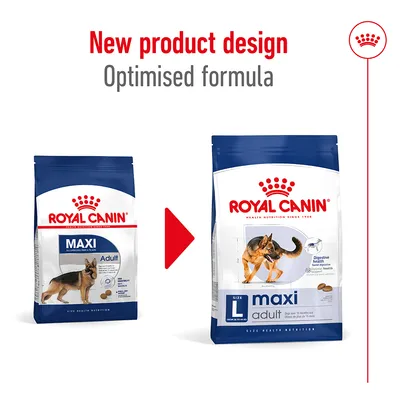 Σύγκριση παλιάς και νέας συσκευασίας Royal Canin Maxi Adult με κείμενο: New product design, Optimised formula. Εμφανίζονται δύο σακούλες τροφής σκύλου με διαφορετικό σχεδιασμό.