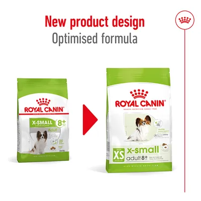 Comparison of old and new Royal Canin X-Small Adult 8+ packaging, showing updated product design and optimised formula.