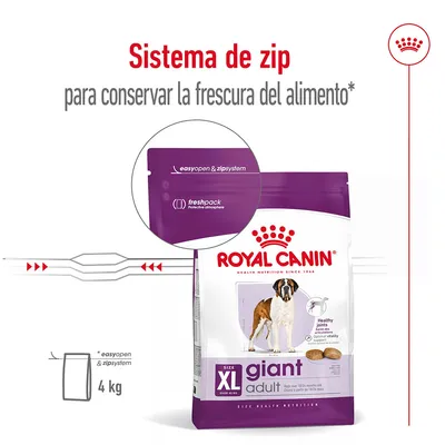 Royal Canin XL giant adult 4 kg con sistema de zip easyopen & zipsystem para conservar la frescura del alimento. Texto visible: freshpack protective atmosphere, healthy joints, optimal vitality.
