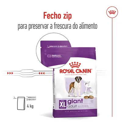 Royal Canin XL giant adult 4 kg com fecho zip para preservar a frescura do alimento. Destaque para sistema easyopen & zipsystem e freshpack protective atmosphere visíveis na embalagem.