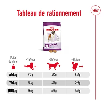 Tableau de rationnement Royal Canin Giant Adult XL : pour 45 kg, 412–542 g/jour ; 75 kg, 604–795 g/jour ; 100 kg, 750–986 g/jour selon activité physique <1h, <2h ou >3h/jour.