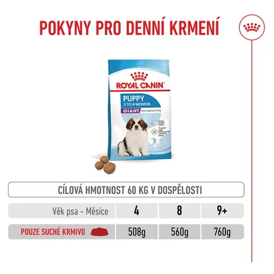 Tabulka krmení pro Royal Canin Puppy Giant: cílová hmotnost 60 kg, jen granule. Věk 4 měsíce: 508 g, 8 měsíců: 560 g, od 9 měsíců: 760 g denně. Tabulka krmení pro Royal Canin Puppy Giant: cílová hmotnost 60 kg, jen granule. Věk 4 měsíce: 508 g, 8 měsíců: 560 g, od 9 měsíců: 760 g denně.