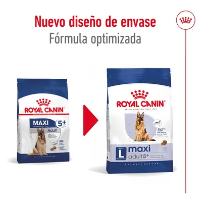 Nuevo diseño de envase Royal Canin Maxi Adult 5+. Fórmula optimizada. Imagen de los dos paquetes: diseño antiguo a la izquierda, nuevo a la derecha con perro pastor alemán visible.