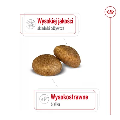 Dwa kawałki karmy. Widoczny tekst: Wysokiej jakości składniki odżywcze, Wysokostrawne białka.