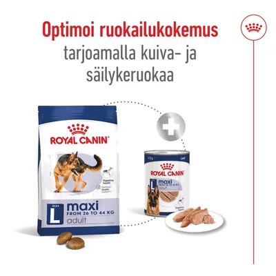 Royal Canin maxi adult L 26–44 kg kuivaruoka ja säilykeruoka, teksti: Optimoi ruokailukokemus tarjoamalla kuiva- ja säilykeruokaa