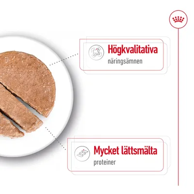 Text: Högkvalitativa näringsämnen. Mycket lättsmälta proteiner. Bild på skivad foderbit på tallrik, Royal Canin-symbol synlig.