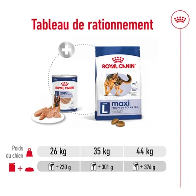 Tableau de rationnement Royal Canin maxi adult : pour 26 kg, 1 boîte + 220 g ; 35 kg, 1 boîte + 301 g ; 44 kg, 1 boîte + 376 g. Paquet et boîte visibles.