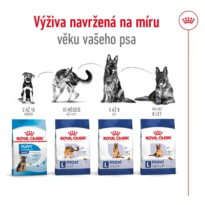Royal Canin krmivo pro psy: Puppy 2–15 měsíců, Maxi adult 15 měsíců–5 let, Maxi adult 5+ 5–8 let, Maxi ageing 8+ více než 8 let. Výživa dle věku psa.