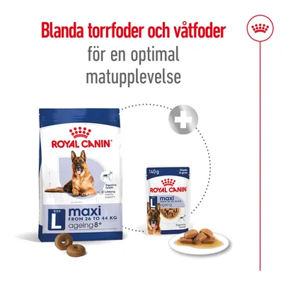 Royal Canin maxi ageing 8+ torrfoder för stora hundar, 26–44 kg, och våtfoder 140 g. Text: Blanda torrfoder och våtfoder för en optimal matupplevelse.