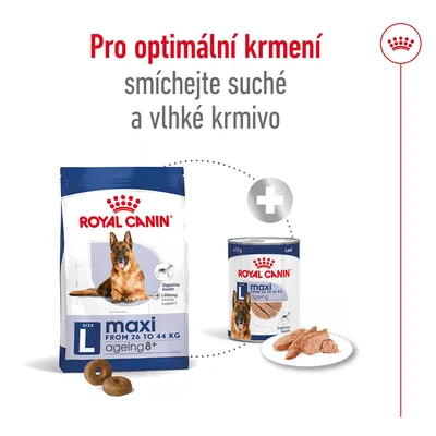 Pro optimální krmení smíchejte suché a vlhké krmivo. Royal Canin maxi ageing 8+ pro psy 26–44 kg, balení granulí a konzervy s masem na talíři.