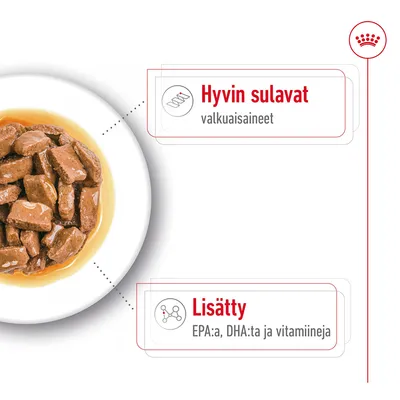 Hyvin sulavat valkuaisaineet. Lisätty EPA:ta, DHA:ta ja vitamiineja. Teksti näkyy koiran märkäruoan annoskuvan vieressä.