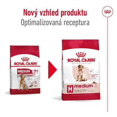 Nový vzhled produktu Royal Canin Medium Adult 7+. Optimalizovaná receptura. Porovnání starého a nového balení s viditelnými názvy a psem na obalu.