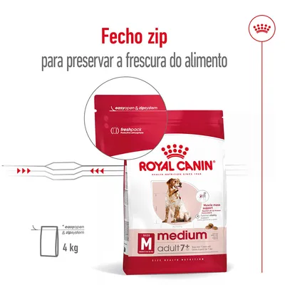 Royal Canin medium adult 7+ 4 kg com fecho zip para preservar a frescura. Texto visível: easyopen & zipsystem, freshpack protective atmosphere, muscle mass support, optimal vitality.