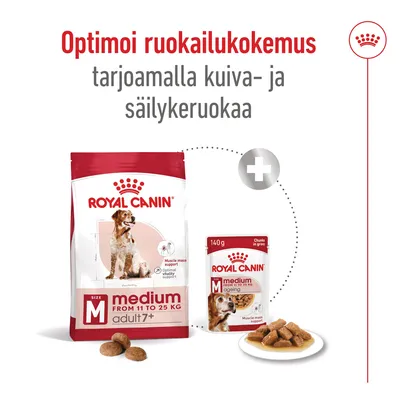 Royal Canin medium adult 7+ kuiva- ja säilykeruoka koirille, pakkaukset ja annoslautaset. Teksti: Optimoi ruokailukokemus tarjoamalla kuiva- ja säilykeruokaa.
