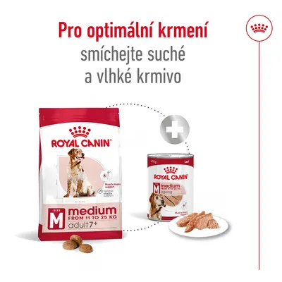 Pro optimální krmení smíchejte suché a vlhké krmivo. Royal Canin Medium Adult 7+ granule 11–25 kg a konzerva 410 g, zobrazeny oba produkty.