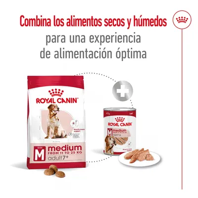 Royal Canin medium adult 7+ seco y húmedo, para perros de 11–25 kg. Texto: Combina los alimentos secos y húmedos para una experiencia de alimentación óptima.