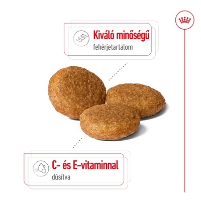 Három barna száraztáp falat, feliratok: Kiváló minőségű fehérjetartalom, C- és E-vitaminnal dúsítva.