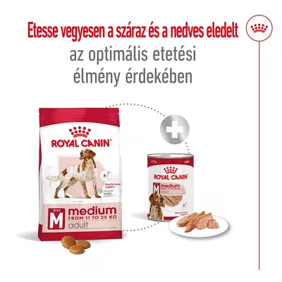 Royal Canin medium adult száraz és nedves eledel kutyáknak, felirat: Etess vegyesen a száraz és a nedves eledelt az optimális etetési élmény érdekében