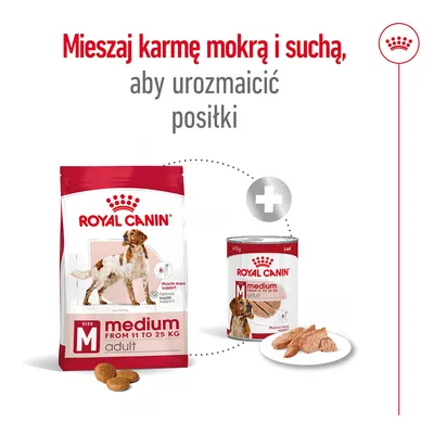 Royal Canin medium adult karma sucha i mokra dla psów 11–25 kg. Zalecenie: mieszaj karmę mokrą i suchą, aby urozmaicić posiłki. Widoczne opakowania i porcja na talerzu.