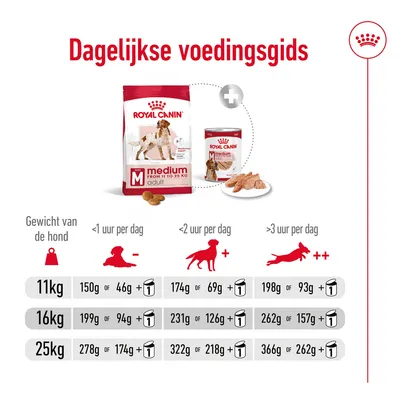 Dagelijkse voedingsgids Royal Canin Medium Adult: advies per hondengewicht (11, 16, 25 kg) en activiteit, met hoeveelheden droog- en natvoer in grammen per dag.