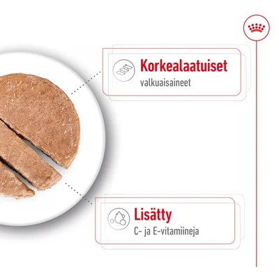 Korkealaatuiset valkuaisaineet. Lisätty C- ja E-vitamiineja. Teksti näkyy tuotteen viereisessä infografiikassa.