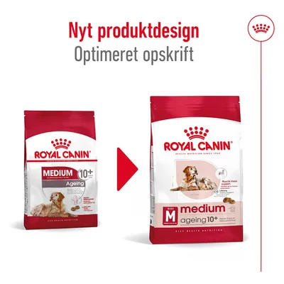 Royal Canin Medium Ageing 10+ hundefoder, nyt produktdesign og optimeret opskrift. To poser vises: gammel og ny emballage med tekst 'Muscle mass support' og 'Lifelong vitality'.