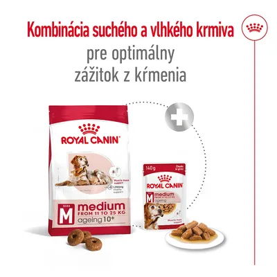 Kombinácia suchého a vlhkého krmiva Royal Canin Medium Ageing 10+ pre psy 11–25 kg. Balenie granúl a kapsička, text: pre optimálny zážitok z kŕmenia.