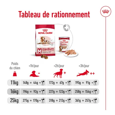 Tableau de rationnement Royal Canin Medium Ageing 10+ : quantités croquettes ou pâtée par jour selon poids du chien (11, 16, 25 kg) et activité (<1h, <2h, >3h/jour).