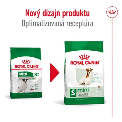 Royal Canin mini adult 8+ krmivo pre psov, porovnanie starého a nového balenia. Text: Nový dizajn produktu, Optimalizovaná receptúra.